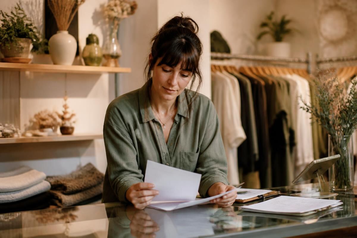 A small business owner reviewing paperwork at the counter of her shop