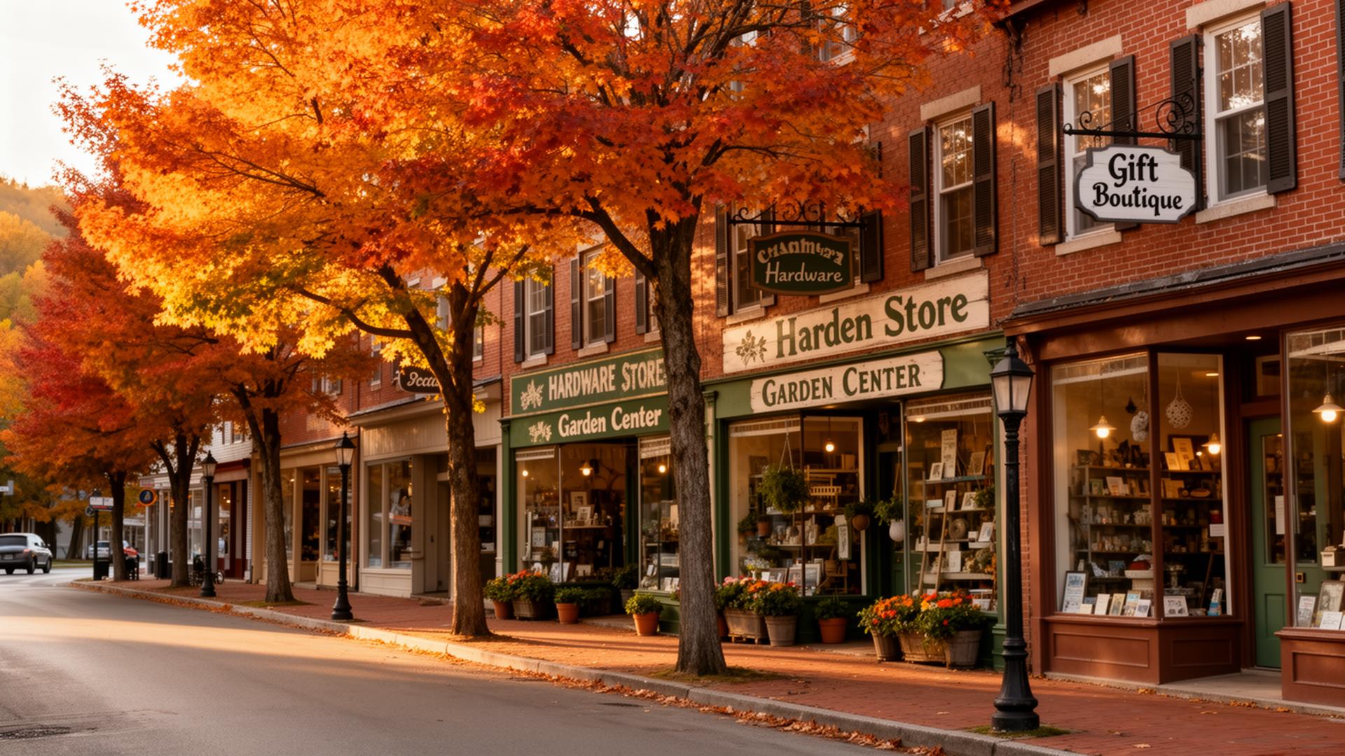 Main Street storefronts in fall