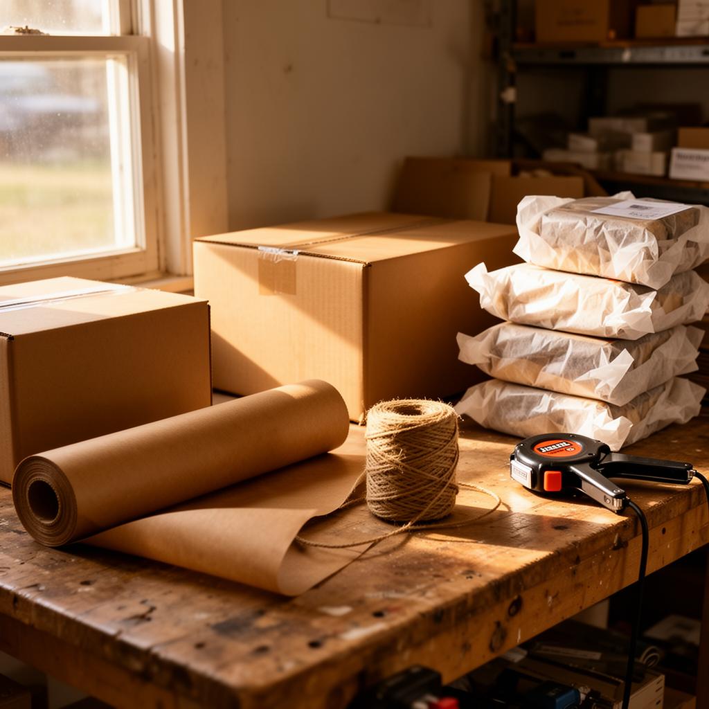 Small workshop packing station with cartons and tissue paper